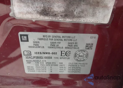 2016 Chevrolet Trax Lt z USA, uszkodzony, nr VIN 3GNCJPSB9GL186904